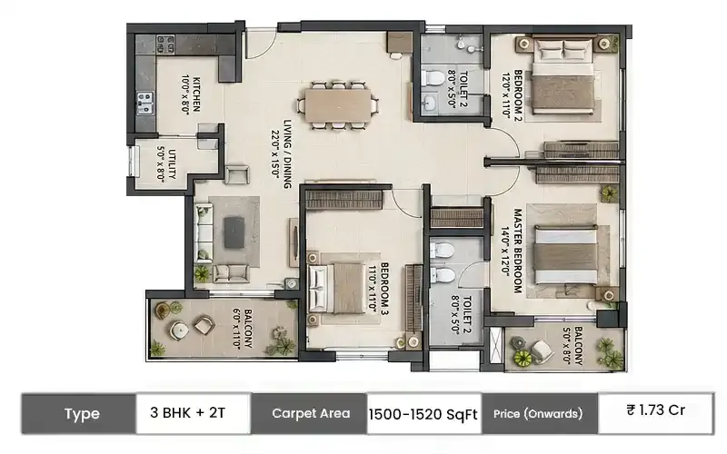 Urbanrise The Living Wave 3 BHK + 2T floor plan, 1500 sq ft saleable area