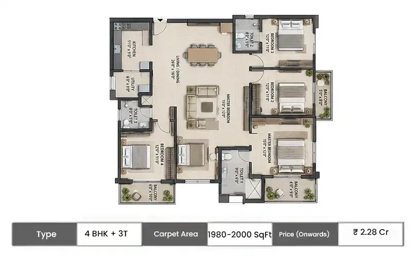 Urbanrise The Living Wave 4 BHK + 3T floor plan, 1980 sq ft saleable area